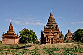 The cluster of red brick temples, named Khay-min-gha on the map on the North plain of Bagan. Myanmar. 